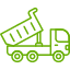 A green dump truck icon hauling debris on a green background.
