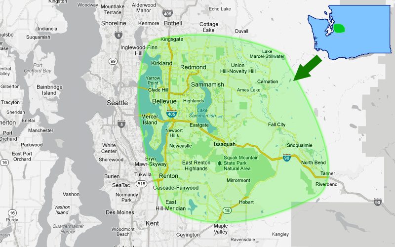 A map with a green arrow pointing to a location in Washington, where a landscaper near me can be found.