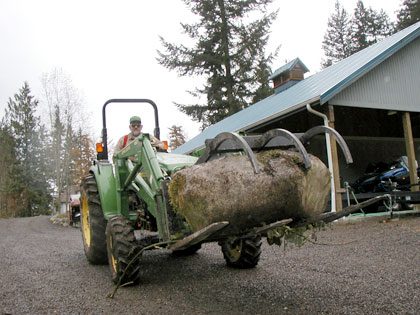A tractor pulling a large log in front of a barn, specializing in rock moving services.