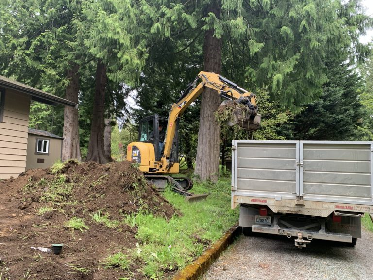 Excavation services are being carried out as an excavator digs a hole in front of a house.